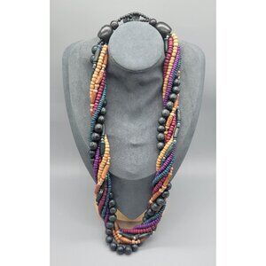 Multicolor Twisted Layered Faux Wooden Beaded Bulky Necklace N1C